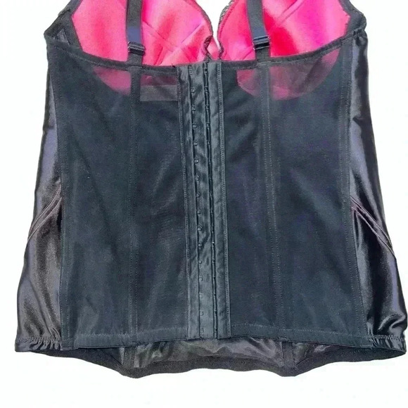 Cacique Corset Top Black Satin Neon Pink with Front Ribbon 14/16 - Picture 7 of 9